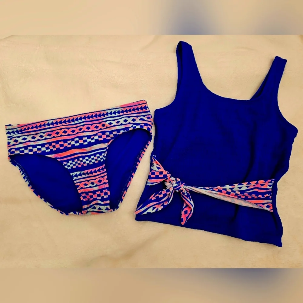 Justice Girls Blue Tankini Set with Pink & Aqua Tribal Print